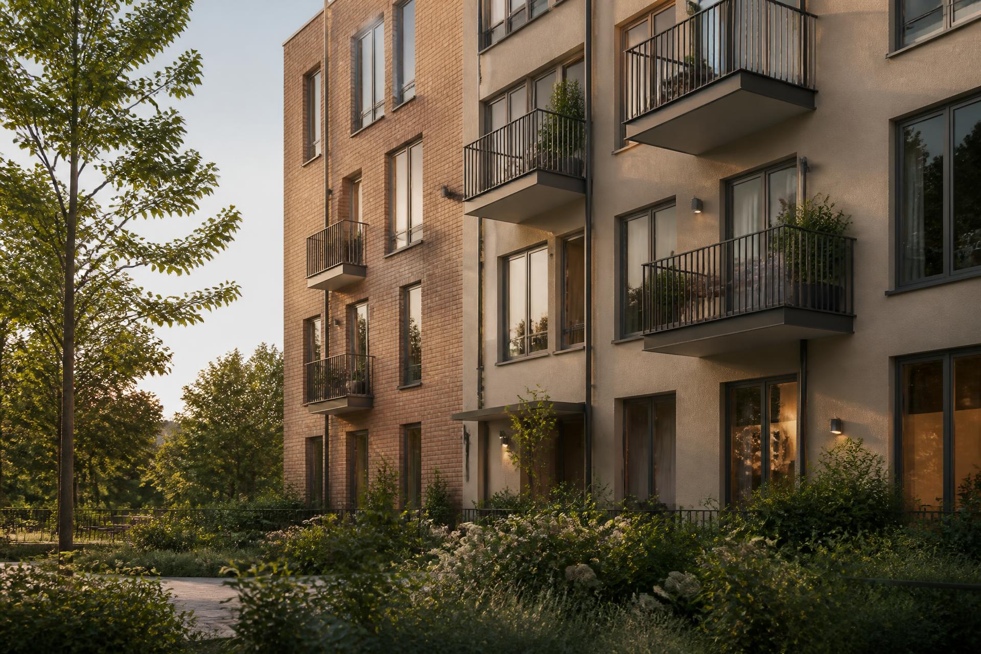 Renoveret dansk boligejendom i aftenlys